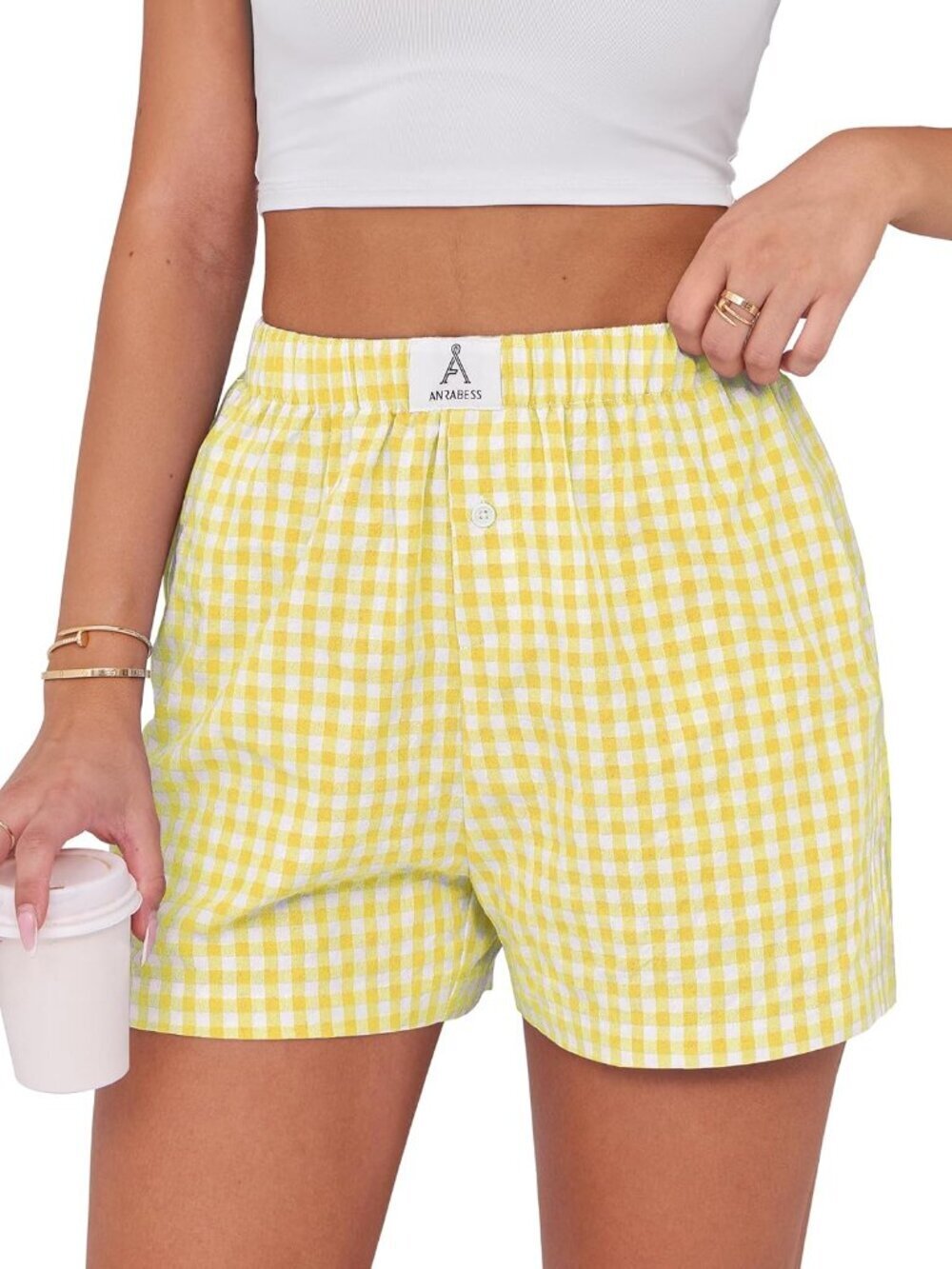 Women's Yellow White Plaid Gingham Beach Bottoms Summer Lounge Sleep Shorts